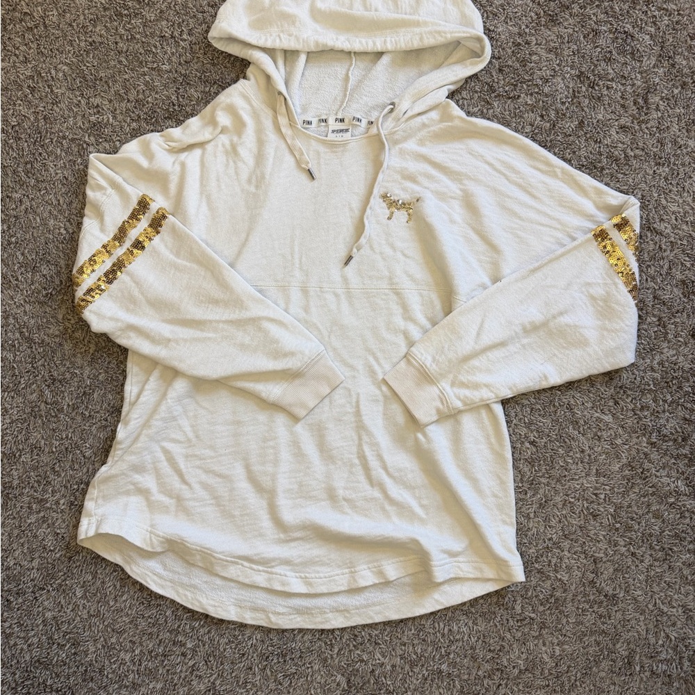 VS Pink Women's Cream Hoodie with Gold Sequins